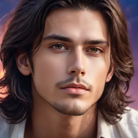 a photorealistic album cover, handsome young man with long dark hair, gazing upward with a thoughtful expression, detailed facial features, (1 man), (best quality,4k,8k,highres,masterpiece:1.2),ultra-detailed,(realistic,photorealistic,photo-realistic:1.37)...