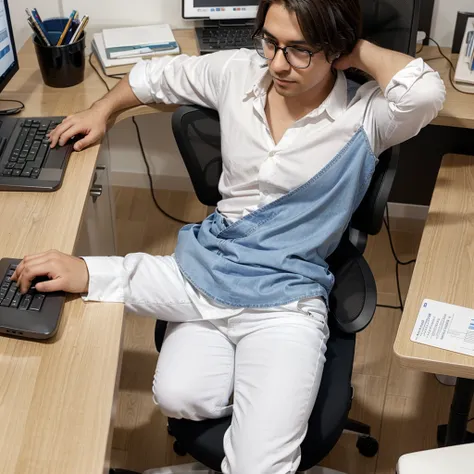 An office worker sits in an office chair at his desk at the PC. He wears a white blouse and long jeans and glasses. He types something on the keyboard.