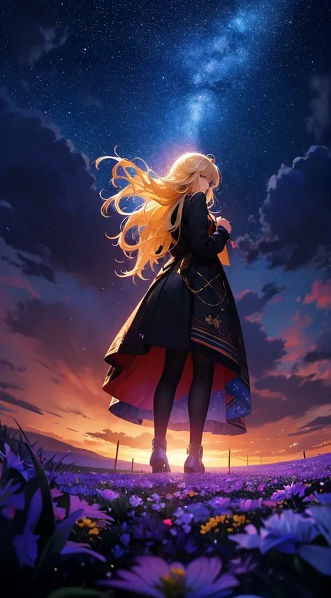 １people々々々々々々々々,Blonde long-haired woman，Pump your fist in the air，Long coat， Dress Silhouette， Rear View，Space Sky, Starry Sky，rainbow，Flower Field，Colorful flowers