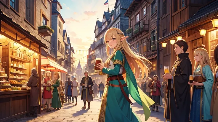 Anime style illustration of a fantastic bustling medieval street during a festival. Intricate vertical architecture with wood and stone buildings, pointed arches and towers rising into a bright blue sky. Narrow streets filled with people in fancy clothes. ...