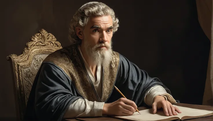 a portrait of epictetus seated on a simple chair, writing on parchment, with a contemplative and serene expression, detailed face, extremely detailed eyes and face, beautiful detailed eyes, beautiful detailed lips, long eyelashes, traditional oil painting,...