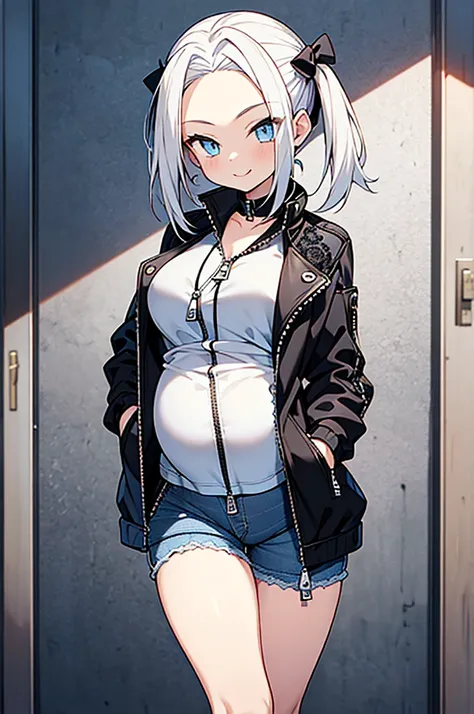 anime style,hairstyle forehead,teen girl,((Denim short pants with open zipper)),white hair,twintail hair,blue eyes,(wearing black lace panties under short pants),pregnant,happy smile,