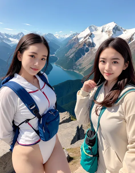 Realistically、Snow Mountain Climbing、Outdoor Fashion Girl、Mountain seen from the cliff々々View、Portraiture、valley、Large Breastountain Backpack、zoom、Upper body naked、Sailor suit、