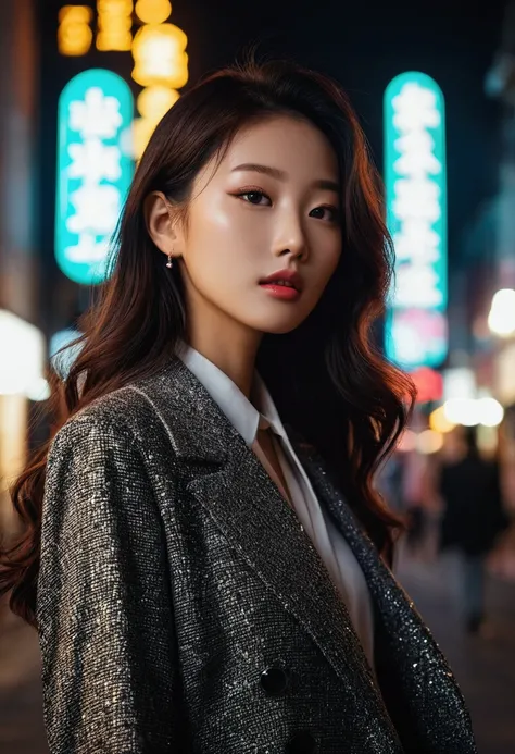 (Cinematic Aesthetic:1.4) Photo of a beautiful korean fashion model bokeh city night