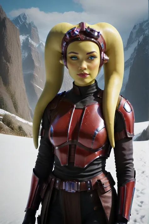 a ((fall body)) (((hera syndulla))) ((green skin )) ((female twilek ))mandalorian,walking on snow, ((green fire eyes )) , beautiful detailed eyes, beautiful detailed lips, extremely detailed face, long eyelashes, mandalorian armor, sci-fi, cinematic lighti...