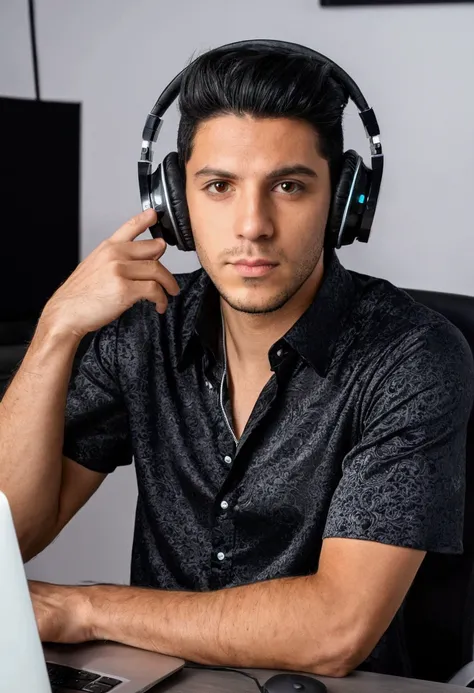 Brazilian man YouTuber headphones in front of computer black hair name on blouse lucca the killer 