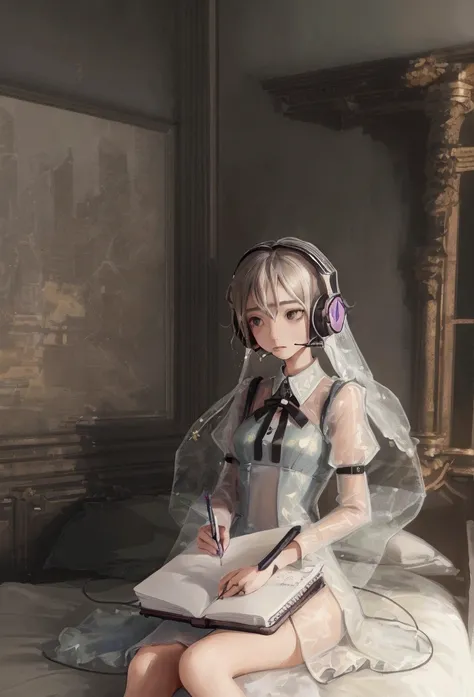 ((best qualityer)), ((work of art)), (detailded), ((1 girl, of headphones and notebook)), ((with long sex transparent dress)),in the bedroom sitting on the bed studying