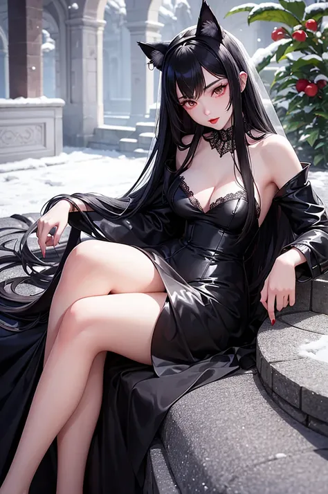 Detailed facial details，16 years old，1 girl，Red lips，Cat ear，Black long hair，Wearing a snow-white latex lace wedding dress，Large Breasts，Slim，Collar，Radiant Skin，Sitting on the grass，garden