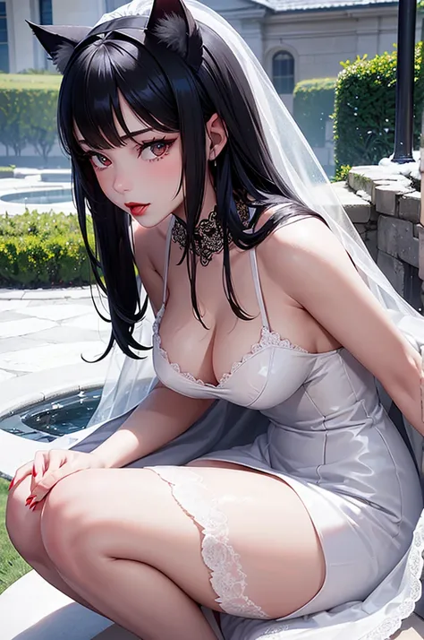 Detailed facial details，16 years old，1 girl，Red lips，Cat ear，Black long hair，Wearing a snow-white latex lace wedding dress，Large Breasts，Slim，Collar，Radiant Skin，Sitting on the grass，garden