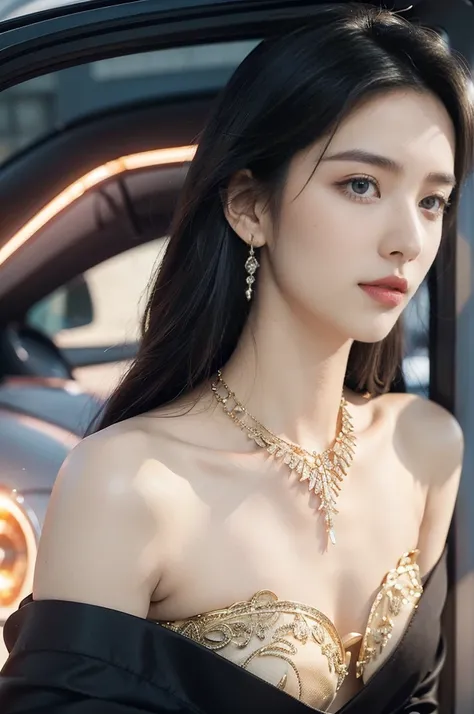 (((best quality))),(((ultra detailed))),(((masterpiece))),illustration,((1girl,gorgeous female model,solo)),((earrings,crystal necklace)),((slim,thin)),((small breasts,flat chest)),(beside a sleek futuristic car:1.3),(strapless glamorres sparkled bra:1.3),...