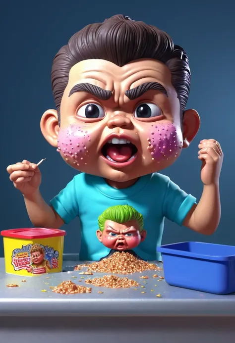 kid popping pimples on his face, ((garbage pail kids style)), in a school, 3d cartoon, high quality, detailed