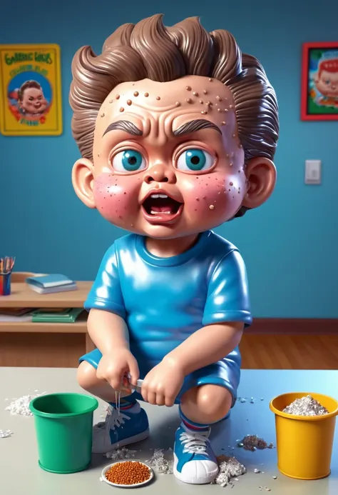 kid popping pimples on his face, ((garbage pail kids style)), in a school, 3d cartoon, high quality, detailed