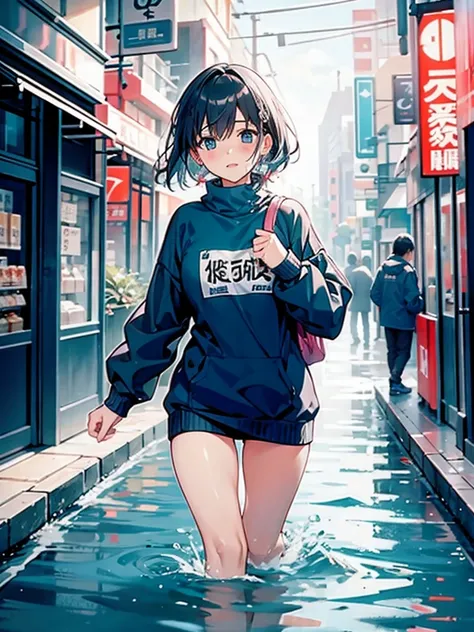 Immerse yourself in cold water up to your chest、bustling street」