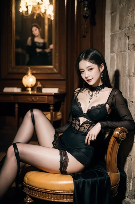 (Only one person), Pure Japanese young girl, wearing dark gothic style dress and accessories, lace stockings, classical high heels, vivid makeup and lips, thick eyebrows, arranged hair styles, sweet smile, sitting in antique gothic style interior, summer m...