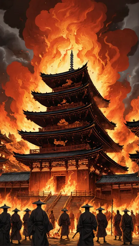 A depiction of the burning of Enryaku-ji Temple in 1571, with flames engulfing the temple structures, chaotic scene with fleeing monks.
