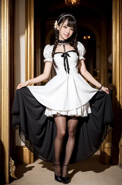 (Only one person), Pure Japanese young girl, wearing white gothic Lolita style dress and accessories, stockings, high heels, vivid makeup and lips, thick eyebrows, arranged hair styles, sweet smile, sitting in antique gothic style interior, summer midnight...