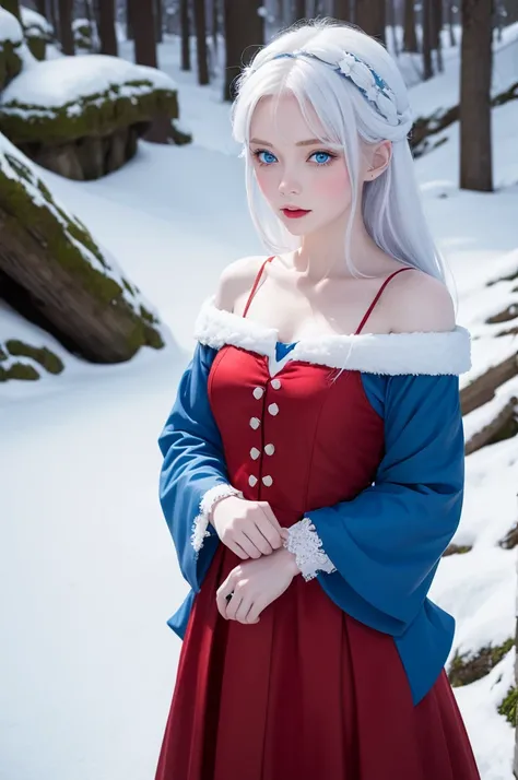 White red-haired  with blue eyes dressed as Snow White