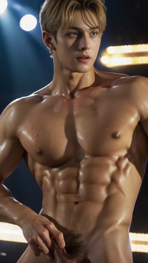 Photorealistic: 1.2, Top Quality, detailed face , 8k, Wet: 1.3), (naked Man, hands on his chest), 20-year-old blonde  Ukrainian bodybuilder, blonde handsome actor with erotic costumes , in a gay club, his penis  is get sucked on the stage  by another men ,...