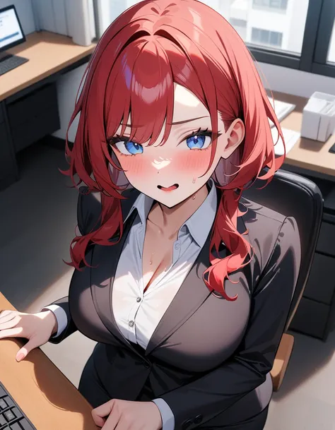 1girl, atractive,suit,long red hair,blue eyes,office,masterpiece,very aesthetic,newest,sensitive