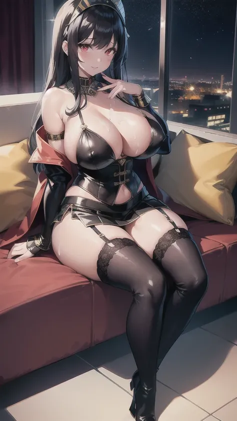 ((Highest quality)),Super Resolution,(8k),((Anime illustration)) ,【One Girl,One boy),(1 penis),((Handjob)),Red moonlit night、sitting on the couch in the club,Beautiful night view, ((Browsing Caution)),((Black-haired Cleopatra)),(Red glowing eyes),(Good ele...