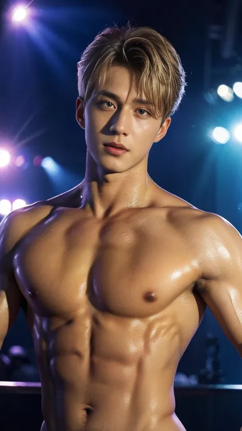 Photorealistic: 1.2, Top Quality, detailed face , 8k, Wet: 1.3), (naked Man, hands on his chest), 20-year-old blonde  Ukrainian bodybuilder, blonde handsome actor with erotic costumes , in a gay club, his penis  is get sucked on the stage  by another men ,...