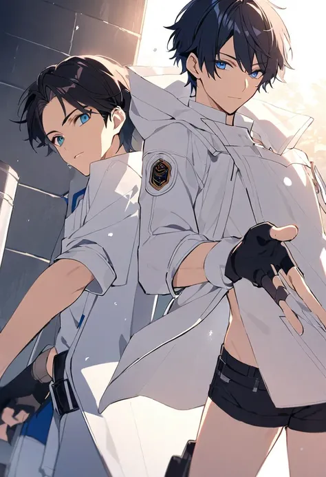 male, adult male, black hair, very short hair, blue eyes, white shirt, white raincoat, black gloves, short gloves, fingerless gloves 