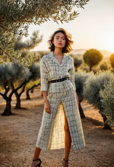 ((best quality)), ((masterpiece)), (detailed), full body shot, fashion photo shot, dynamic pose, dynamic angle, sunsetting in the background, young italian woman, wearing Dior apparel. she is looking off at the sunset, olive trees in the distance