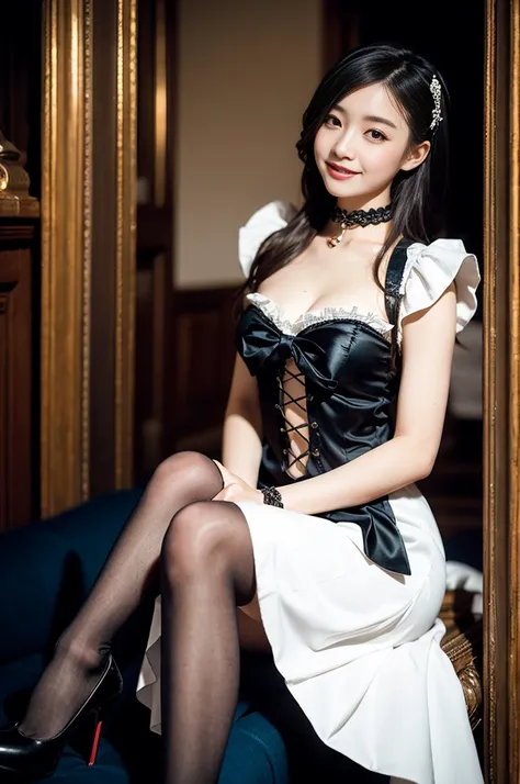 (Only one person), Pure Japanese young girl, wearing white gothic Lolita style dress and accessories, stockings, high heels, vivid makeup and lips, thick eyebrows, arranged and dyed hair styles, sweet smile, sitting in antique gothic style interior, summer...