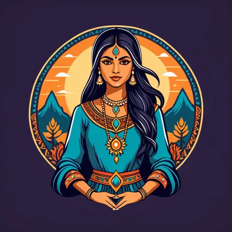 female wizard in indian folk outfit, vector graphics, strong contours, logo design
