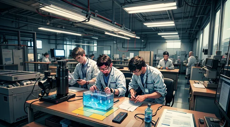 a group of young male scientists working in a laboratory, mature female scientists, extremely detailed, 8k, high quality, photorealistic, professional, scientific equipment, beakers, microscopes, test tubes, complex machinery, modern interior, sleek design...