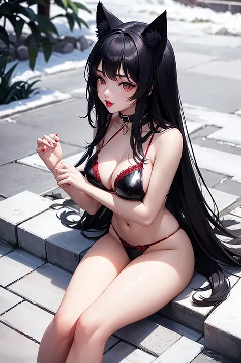 Detailed facial details，16 years old，1 girl，Red lips，Cat ear，Black long hair，Wearing a snow-white latex lace bikini，Large Breasts，Slim，Collar，Radiant Skin，Sitting on the grass，garden