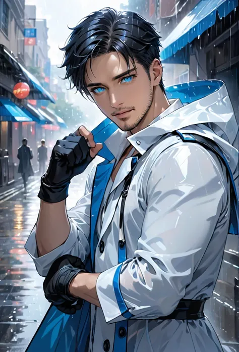 male, adult male, black hair, very short hair,open forehead, no bangs, stubble,blue eyes, white shirt, white raincoat, black gloves, short gloves, fingerless gloves 