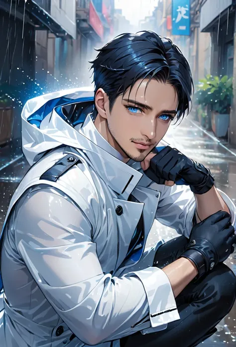 male, adult male, black hair, very short hair,open forehead, no bangs, stubble,blue eyes, white shirt, white raincoat, black gloves, short gloves, fingerless gloves 