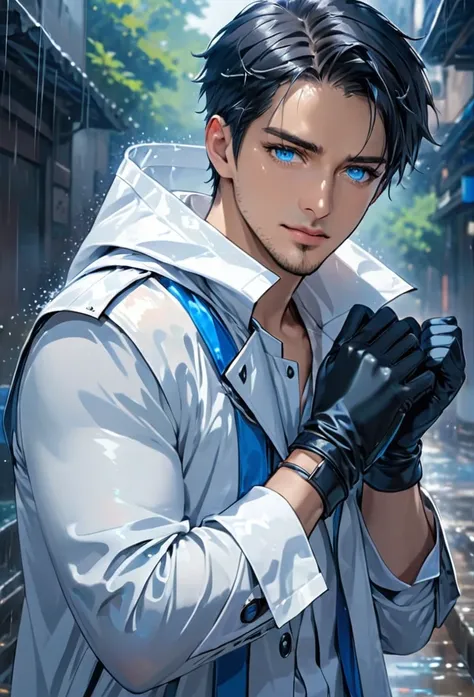 male, adult male, black hair, very short hair,open forehead, no bangs, stubble,blue eyes, white shirt, white raincoat, black gloves, short gloves, fingerless gloves 