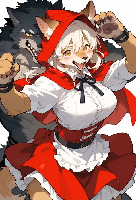 A doujinshi cover with a The werewolf of the bartender and the guests Red Riding Hood, furry, kemono, with some elements of comedy manga,