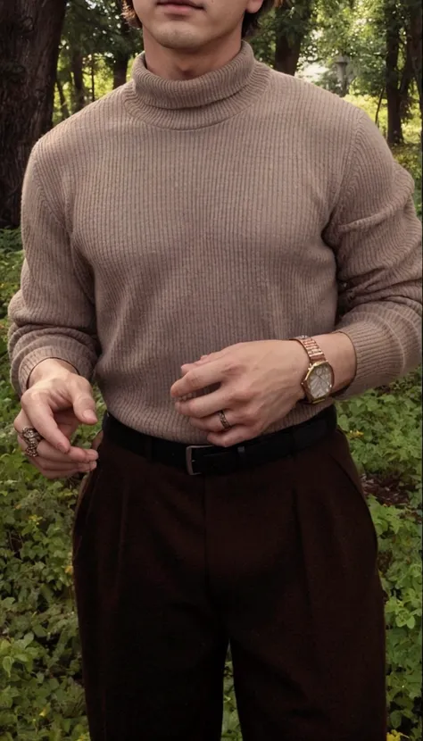 trimmed man in turtleneck sweater and brown pants, he is wearing a brown sweater, dressed in 1970s men&#39;s clothing, style of anton fadeev, brown sweater, wearing casual sweater, andrei riabovitchevy, style from greg rutkowski, wearing turtleneck, highly...