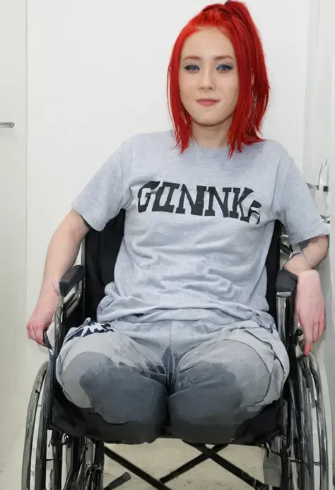 Uhd, photo of Cami, subject: Noriko, 1/2 Japanese 1/2 Hainu skinny girl in 2/00 a large wheelchair with long red hair, blue+++ eyes, oval face, LGBTQIA+, queer, punk style, wearing grey tracksuit treasures and black t-shirt, tattooes. She is washing her ha...