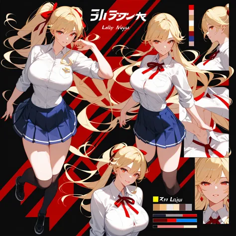 Highest quality, Ultra-detailed CG Unity 8k Wallpaper, Beautiful details、Large Breasts、Blonde、T-pose、White Shirt、mini skirt、Red ribbon、Lady、Slanted Eyes,３Area view、((Character design sheet, （front, side, back face))、Video Game Character Design