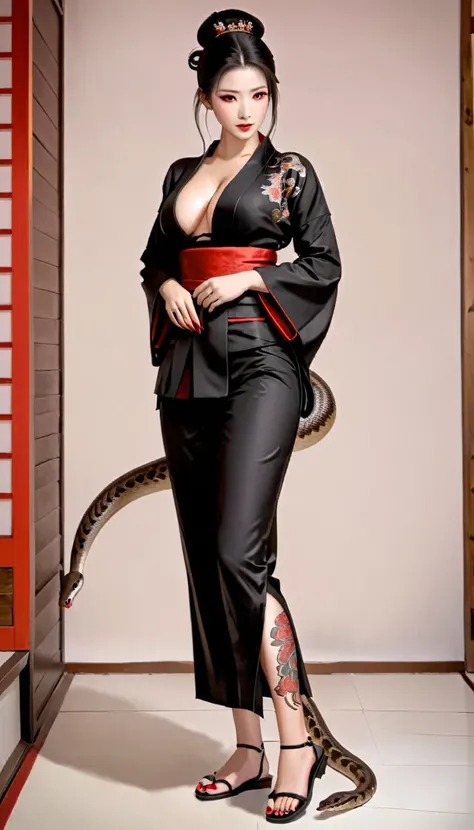 (masterpiece), best quality, expressive eyes, perfect face, HD, Benisato, kunoichi, snakes tattooed, She is a tall and matured woman with a slender curvaceous build with long legs and arms, Although a ninja herself, Benisato has the appearance of a beautif...