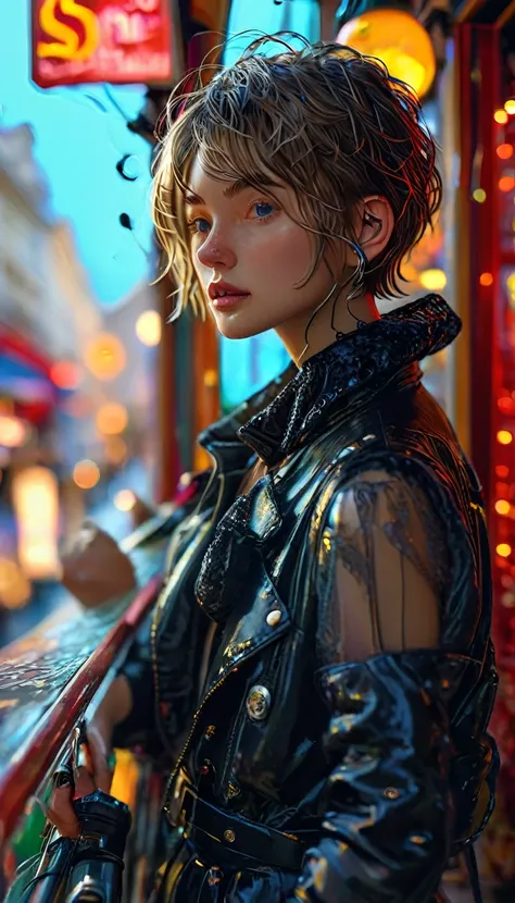 candid Street photography photo of a stylish French girl, with short hair, capturing her while window-shopping, upper body framing, on a quaint Parisian street, with neon lighting from shop signs, shot from a high angle, with a (bokeh effect:1.3), (in the ...