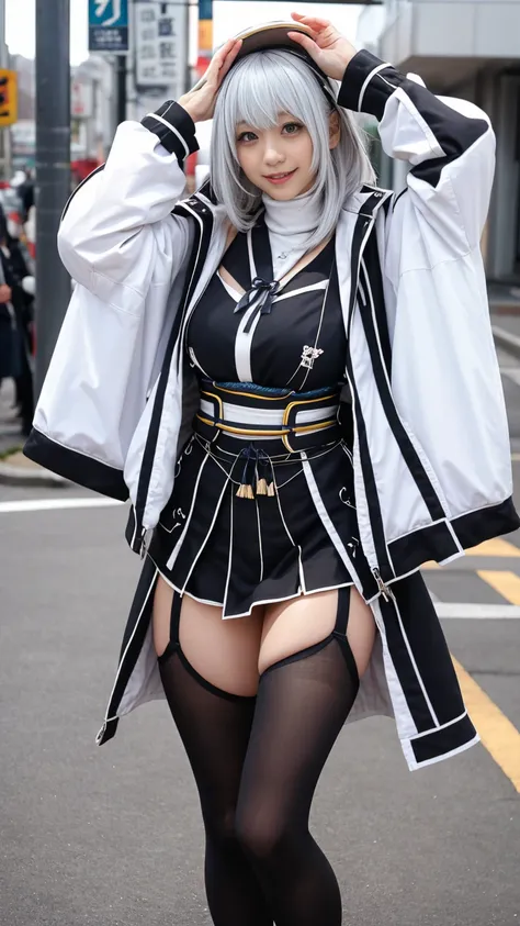 Highest quality,Very detailed,finely,High resolution,Perfect dynamic composition,((Shizuna Rem Misurugi))、whole body,Are standing、Put your hands behind your head、(Wolf Hair).、very thick legs、skirt,(Black Pantyhose)、knit,turtleneck、finelyて美しい目,Natural Lip,(...