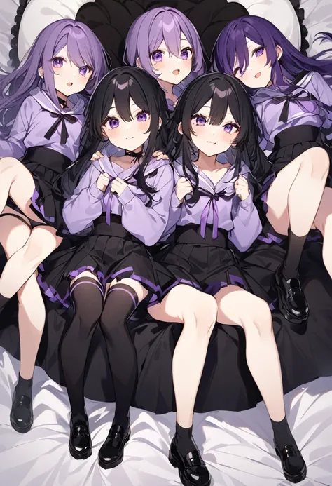 Keito。Purple hoodie。Black Skirt。Purple Eyes。Black Hair。Black shoes下。Black shoes。six sisters。They both have lavender hair。all female。Sextuplets。Purple bed