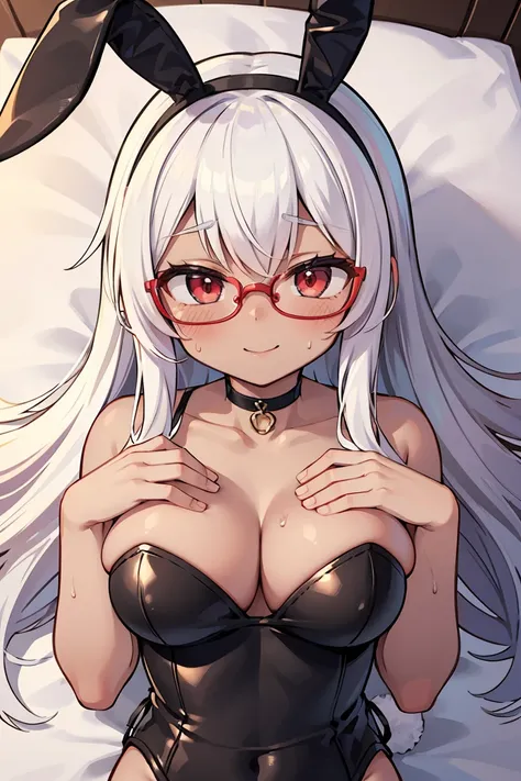 大人のwoman,1 person,,,chest,Pointed chest,chestの谷間,Underbust,Side Bust Barbosa,(Wicked Smile),((Embarrassing)),Glasses,Spread and masturbate(((Bunny girl))),((大きなchest)),round 1((View from above))Upper body close-up,A masterpiece of the bed,Highest quality,w...