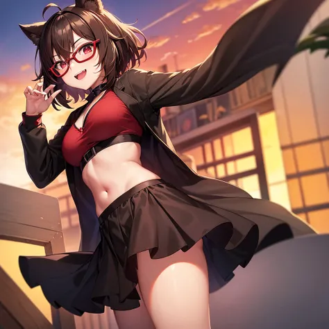 A nerd girl who is kind to other nerds, Girl body type, Light brown short hair with bouncing hair, Big Breasts, Mischievous Smile, Red Eyes, Animal Ears, Red Glasses, Black inner top, Black and red outer jacket, Black Skirt, Free Pose, Under the sunset sky