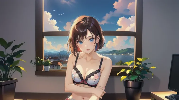 Anime girl in underwear sitting in front of a window with a city view, Anime Moe Art Style, Beautiful anime portraits, Enchanting anime girl, Anime style portrait, Beautiful Anime Girls, Digital anime illustration, Smooth anime CG art, Attractive anime gir...