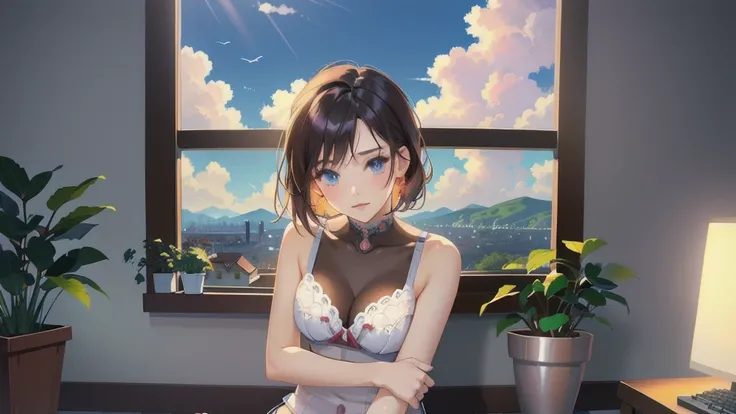 Anime girl in underwear sitting in front of a window with a city view, Anime Moe Art Style, Beautiful anime portraits, Enchanting anime girl, Anime style portrait, Beautiful Anime Girls, Digital anime illustration, Smooth anime CG art, Attractive anime gir...