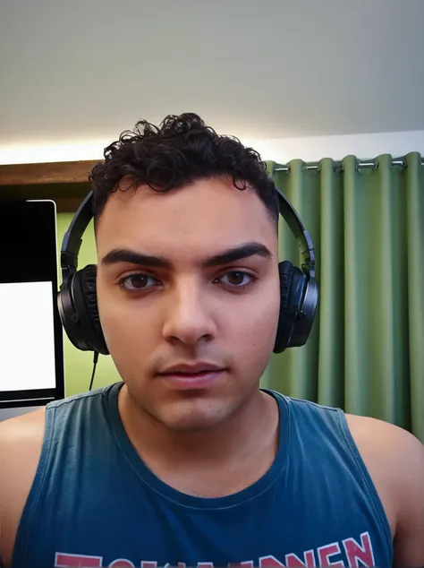 Youtuber headphones in front of computer  