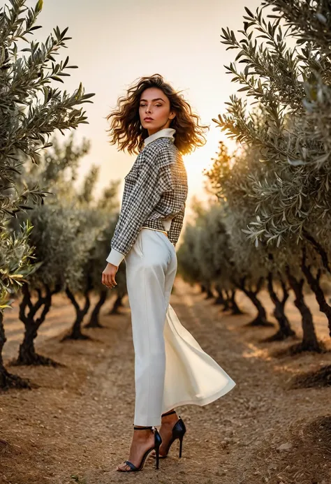 ((best quality)), ((masterpiece)), (detailed), full body shot, fashion photo shot, dynamic pose, dynamic angle, sunsetting in the background, young italian woman, wearing Dior apparel. she is looking off at the sunset, olive trees in the distance