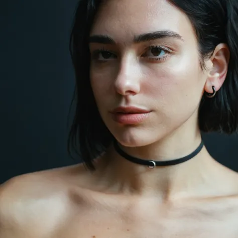 (skin texture, pores, imperfections), super high res portrait photo of a woman wearing a thin black ring choker wearing no makeu...