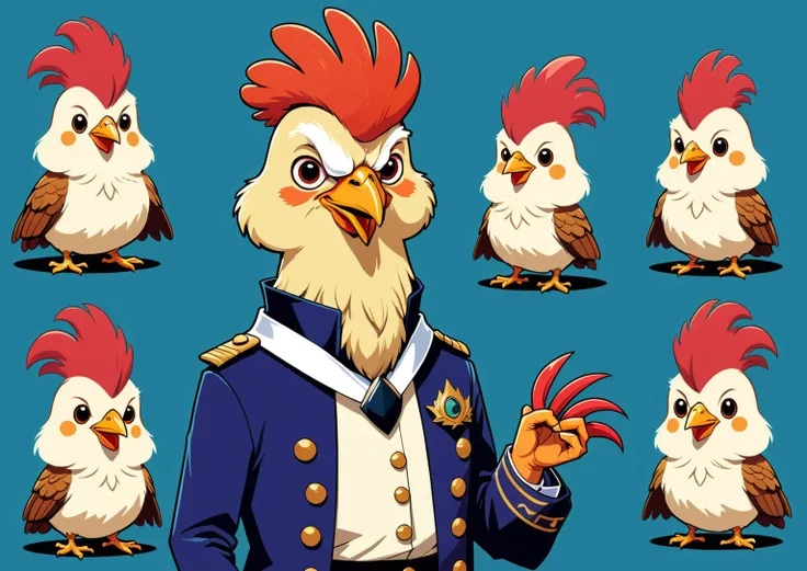 a drawing of a series of three pictures of an anthropomorphized chicken wearing admiral attire, (webcomic), webcomic, avian!!! f...